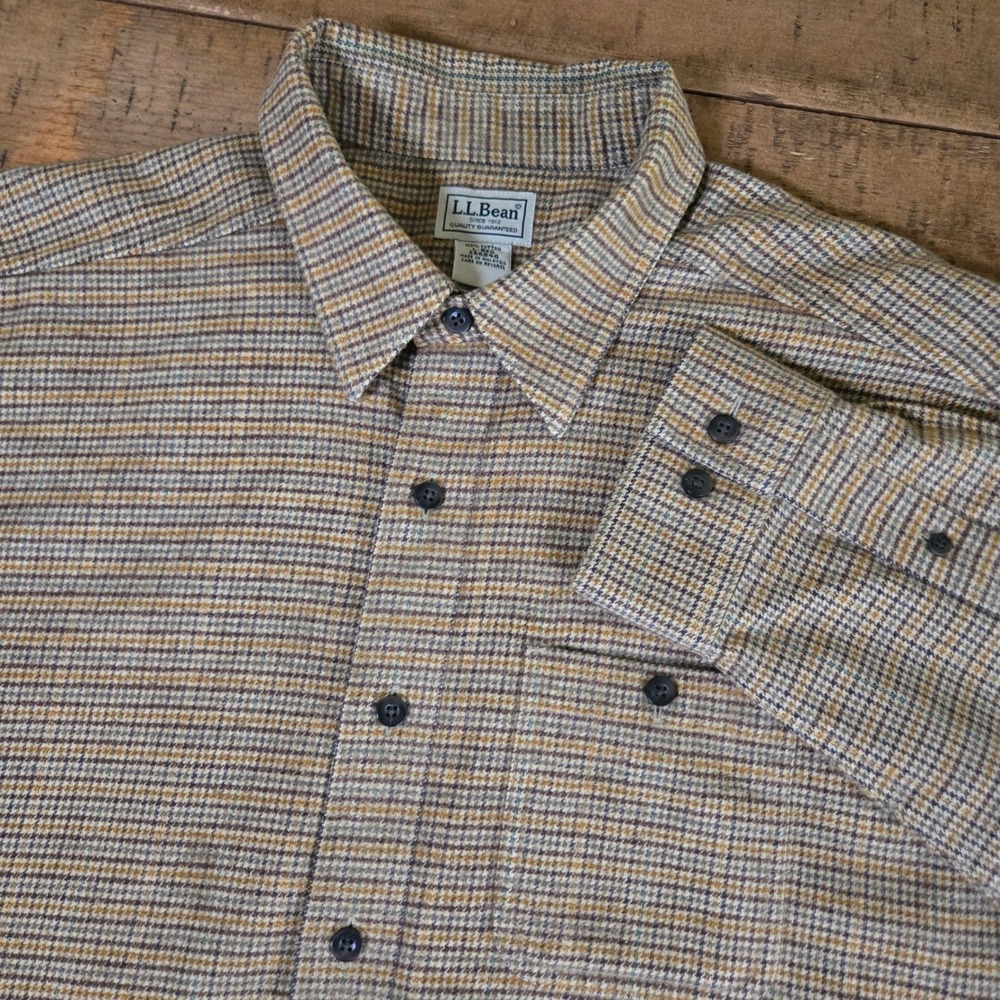 LL Bean Mens Large Cotton Flannel Shirt Brown Yellow Plaid Button Down